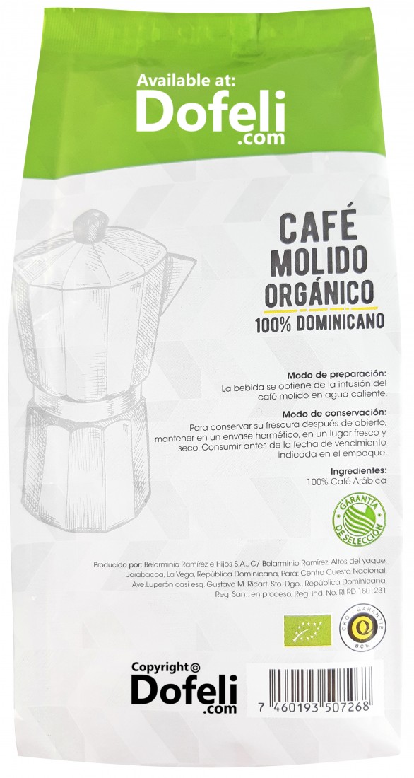 Organic Dominican Republic Líder coffee, medium grind, environmentally friendly farming.